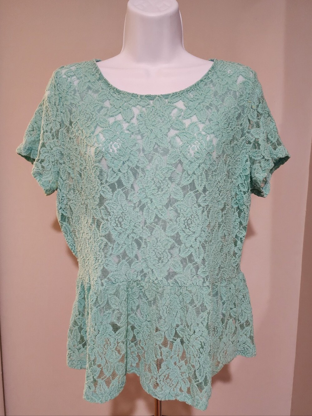 CATO Sheer Mint Green Floral Lace Peplum Short Sleeve Blouse Top XL